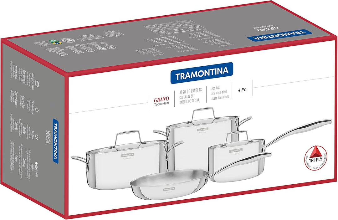 Tramontina Grano Kochgeschirr, 4-tlg. Set, Rostfreier Edelstahl, 3 Töpfe, 1 Bratpfanne, Induktion, B