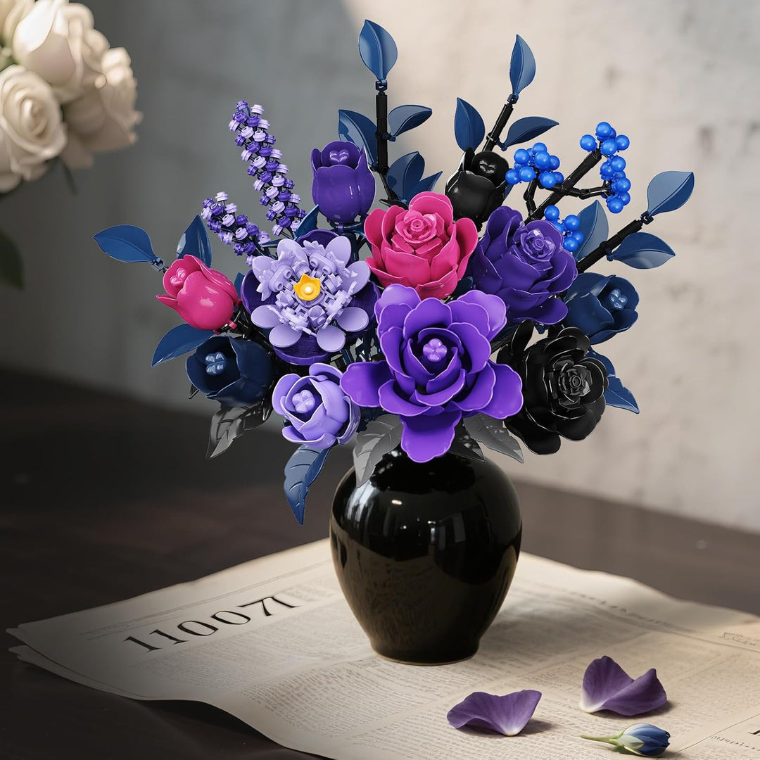 Blumen Bauset - 17 Blume Blumenstrauss Bausteine mit LED, 887 Teile Kunstblumen Bausatz Spielzeug, L