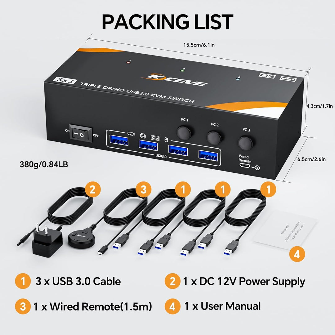 KVM Switch 3 PC 3 Monitore 8K@60Hz / 4K@144Hz, Displayport 1.4 HDMI 2.1 USB 3.0 KVM Switch Triple Mo
