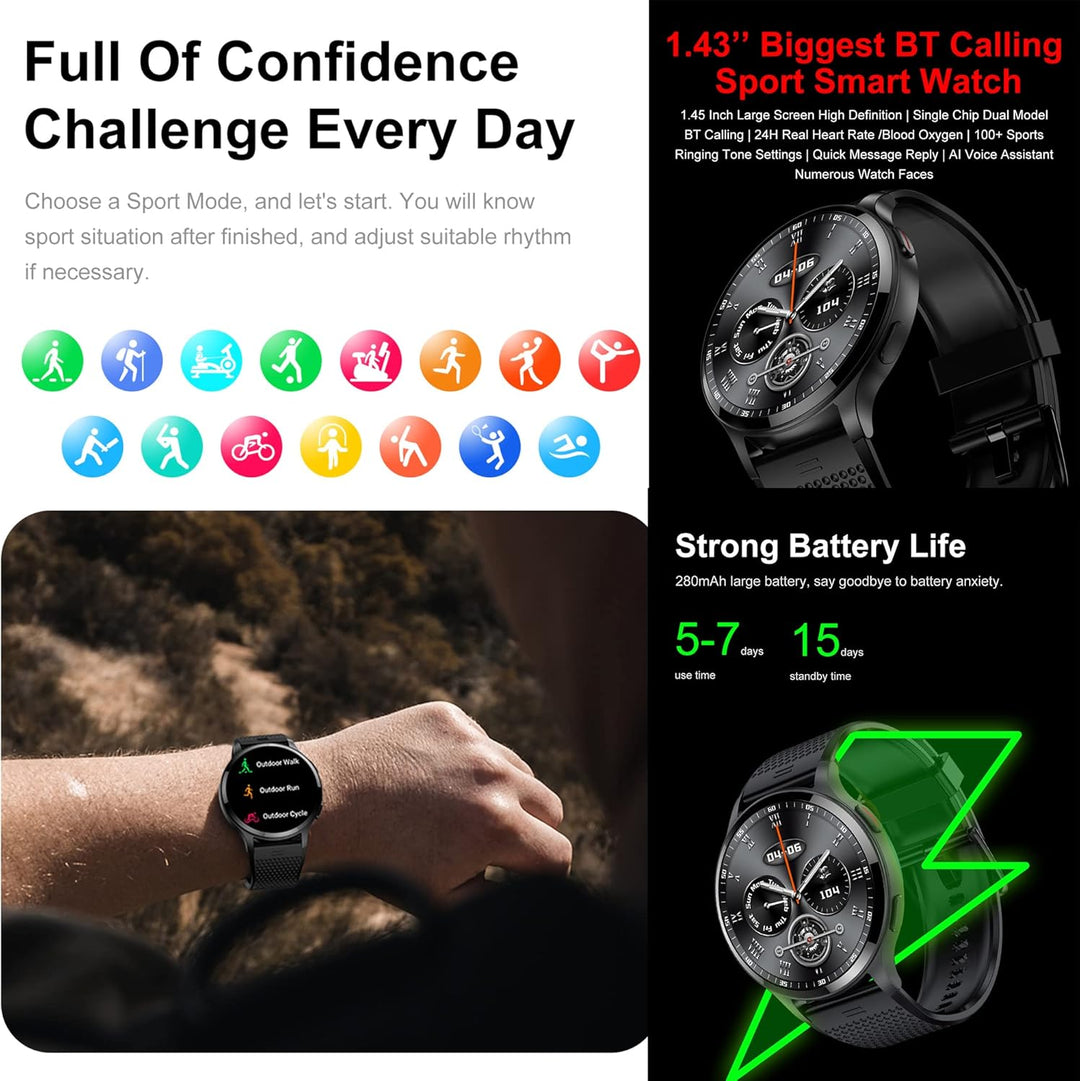 Smartwatch Herren mit Telefonfunktion 1,43" HD Voll Touchscreen Uhren Fitness Tracker 15 Sportmodi A