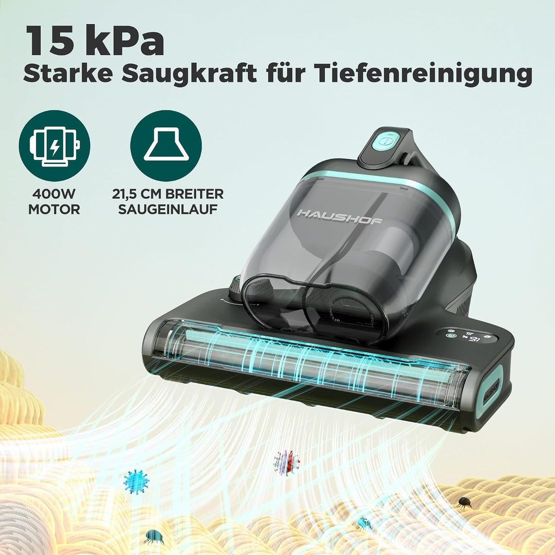 HAUSHOF Milbensauger für Matratzen mit UV Licht, 15 kPa Saugleistung, 60℃ Heissluft mit Aroma-Funkti