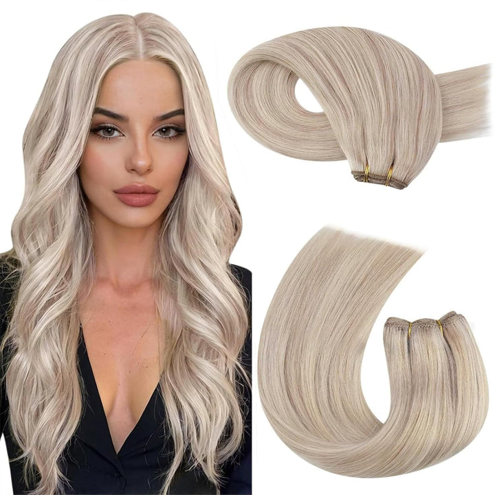 Moresoo Haartressen Echthaar Blond 35cm Remy Sew in Extensions Echthaar Tressen Weaving Menschliches