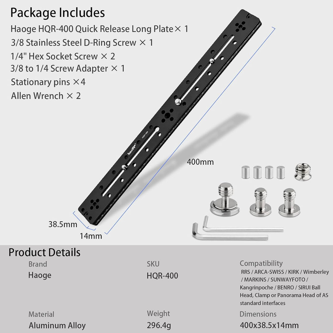 Haoge HQR-400 400 mm Mehrzweck-Schnellwechselplatte für Kamerastativ, Kugelkopf, Klemme für Arca Swi