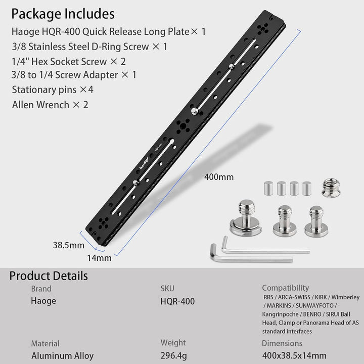 Haoge HQR-400 400 mm Mehrzweck-Schnellwechselplatte für Kamerastativ, Kugelkopf, Klemme für Arca Swi
