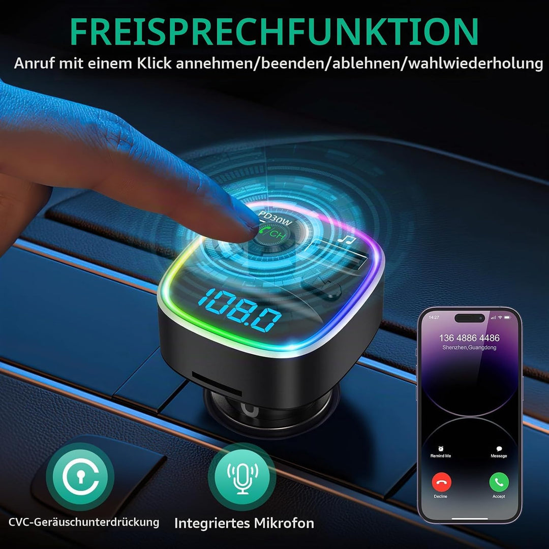 ORIA Bluetooth 5.3 FM Transmitter, Autoradio Adapter Bluetooth Car Kit, PD 30W Schnelles Autoladeger