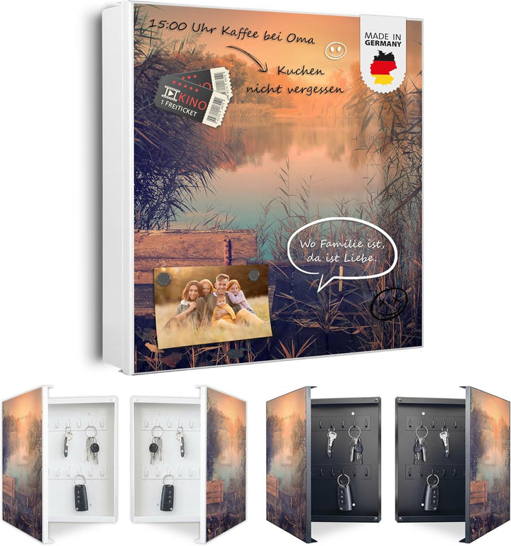 banjado® Grosser Schlüsselkasten Glas/Schlüsselbox 30cm x 30cm mit 50 Haken - Motiv Bank Am See/Schl