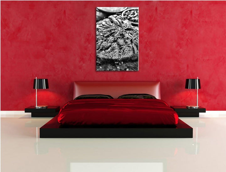 Pixxprint Leckeres Fleisch mit Rosmarin als Leinwandbild/Grösse: 100x70 cm/Wandbild/Kunstdruck/ferti