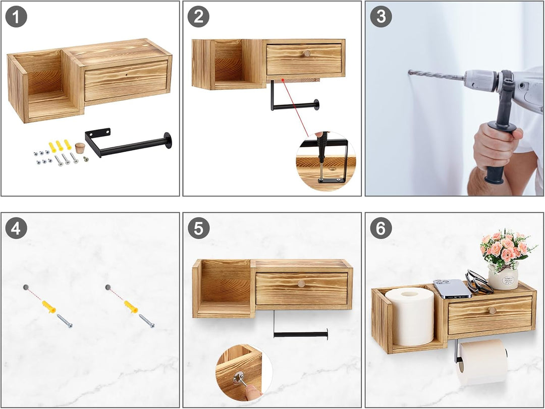 BTSKY Wandmontierter Toilettenpapierhalter aus Holz mit Regal und Schublade, Badezimmer-Toilettenpap