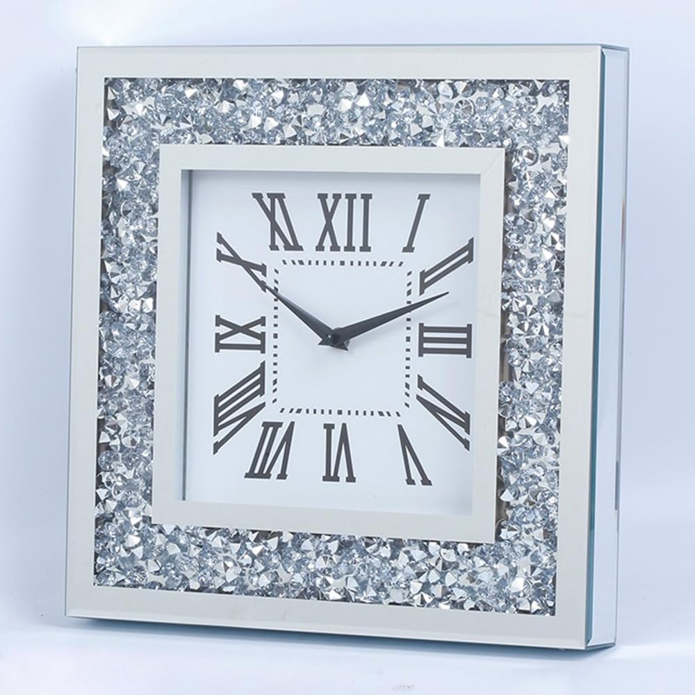 Decor Crushed Diamond Spiegel Wanduhr mit Kristalldekorationen für Zuhause (silberfarben, quadratisc