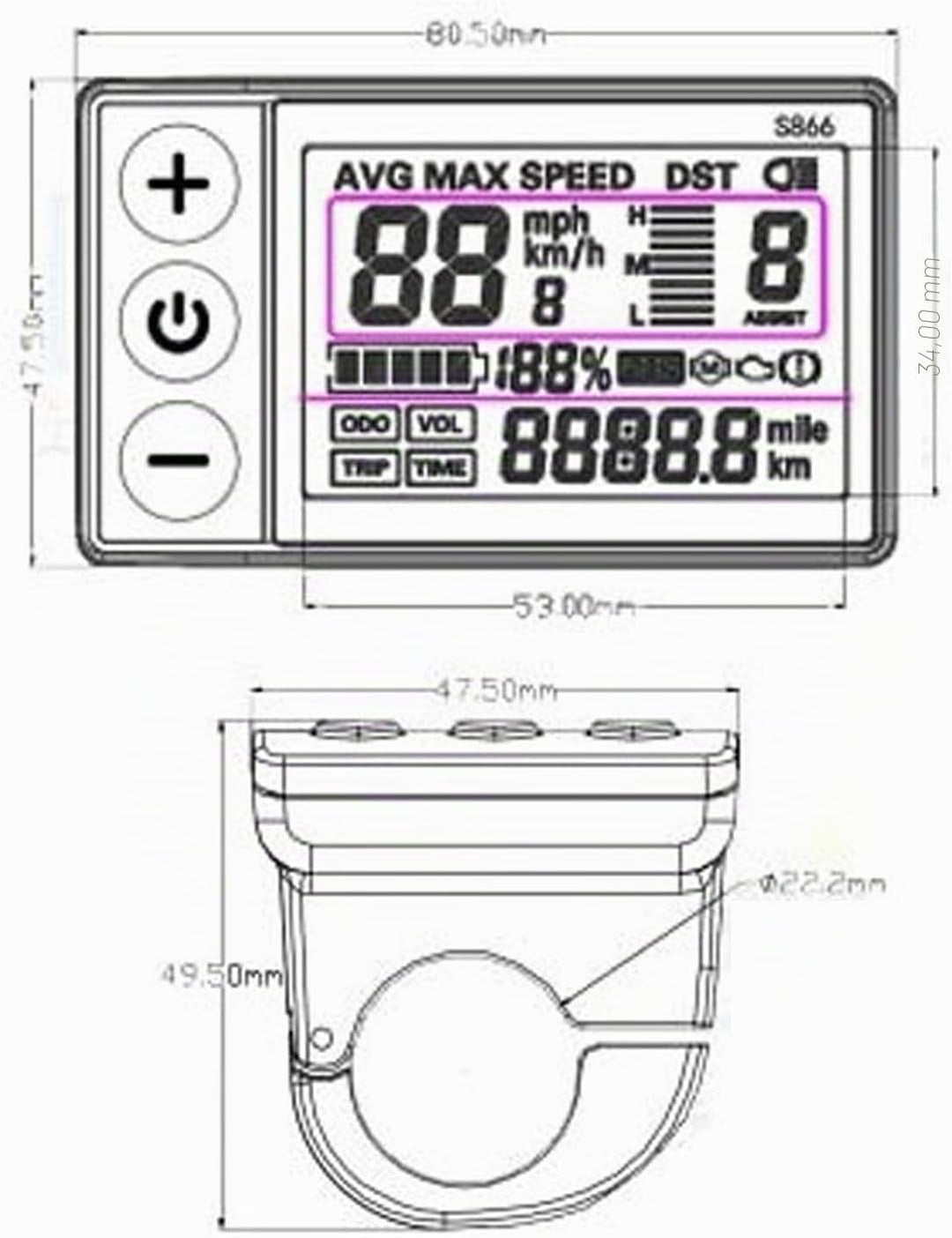 Keenso Elektrisches Fahrrad S866 LCD-Display Meter 24V 36V 48V Bedienfeld mit Wasserdichtem Stecker