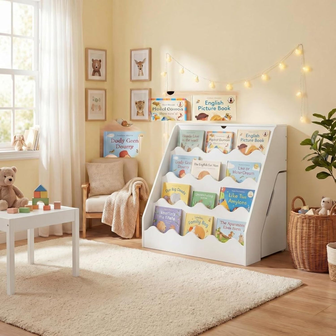 RELAX4LIFE Bücherregal Kinder, Montessori Kinderregal mit 4 Fächern, Klappplatte & Schublade auf Rol