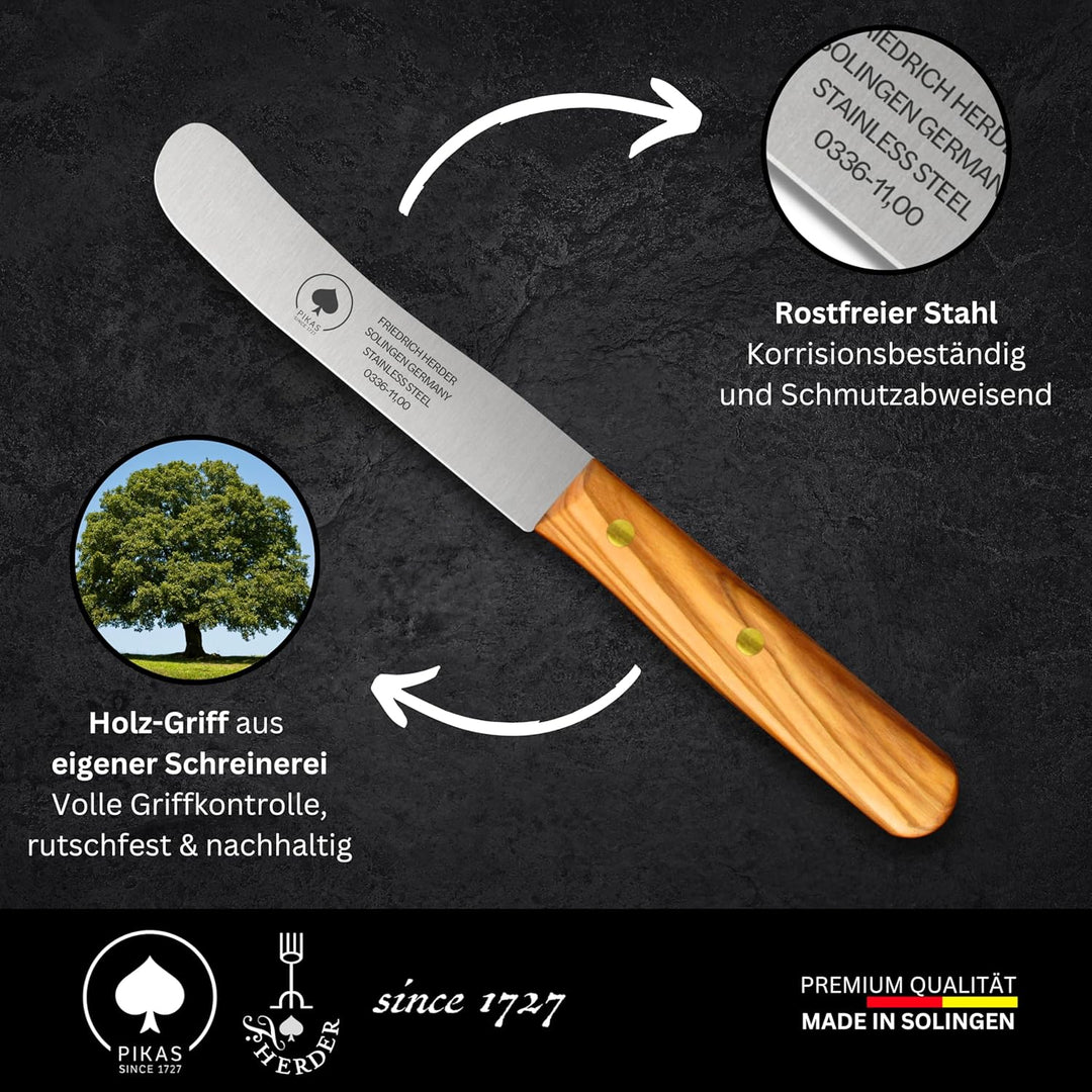 Solingen Messer, 4er Set Olive Holzgriff, Premium Buckelmesser, Klinge rostfrei 11cm - Küchenmesser,