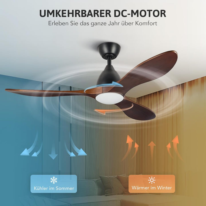 VONLUCE Deckenventilator mit Beleuchtung und Fernbedienung, 132 cm, 3 Flügel, leiser 6-stg. DC-Motor