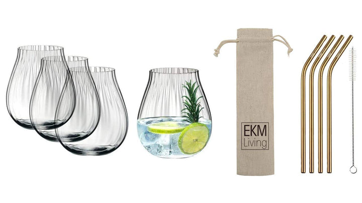 Riedel O 5515/67 Gin Tonic Optical Gläser Set 4 Stück + Gratis 4er Set EKM Living Edelstahl Strohhal