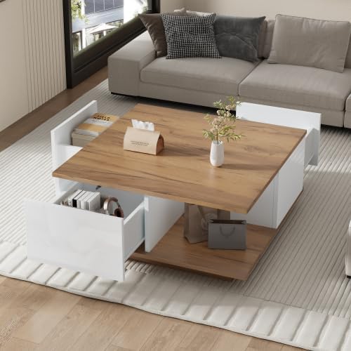Merax Moderner Couchtisch Weiss + Holzfarbe – Quadratischer Sofatisch mit 3 Schubladen und Hochglanz