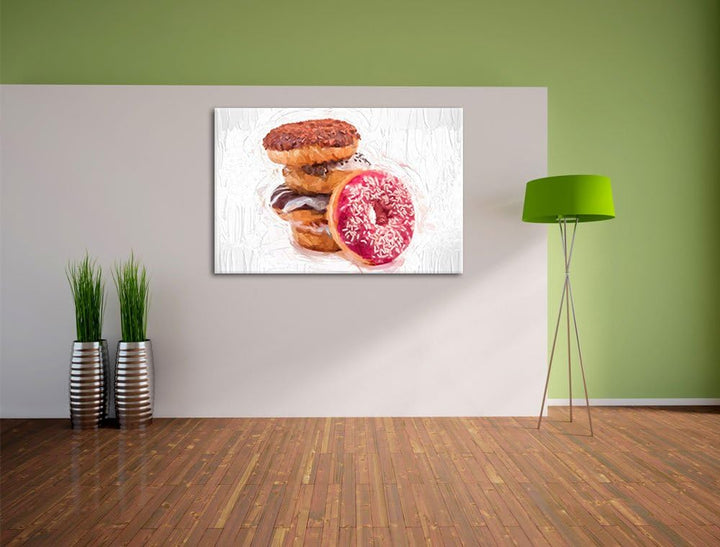 Süsse Donuts Pinsel Effekt, Format: 100x70 auf Leinwand, XXL riesige Bilder fertig gerahmt mit Keilr