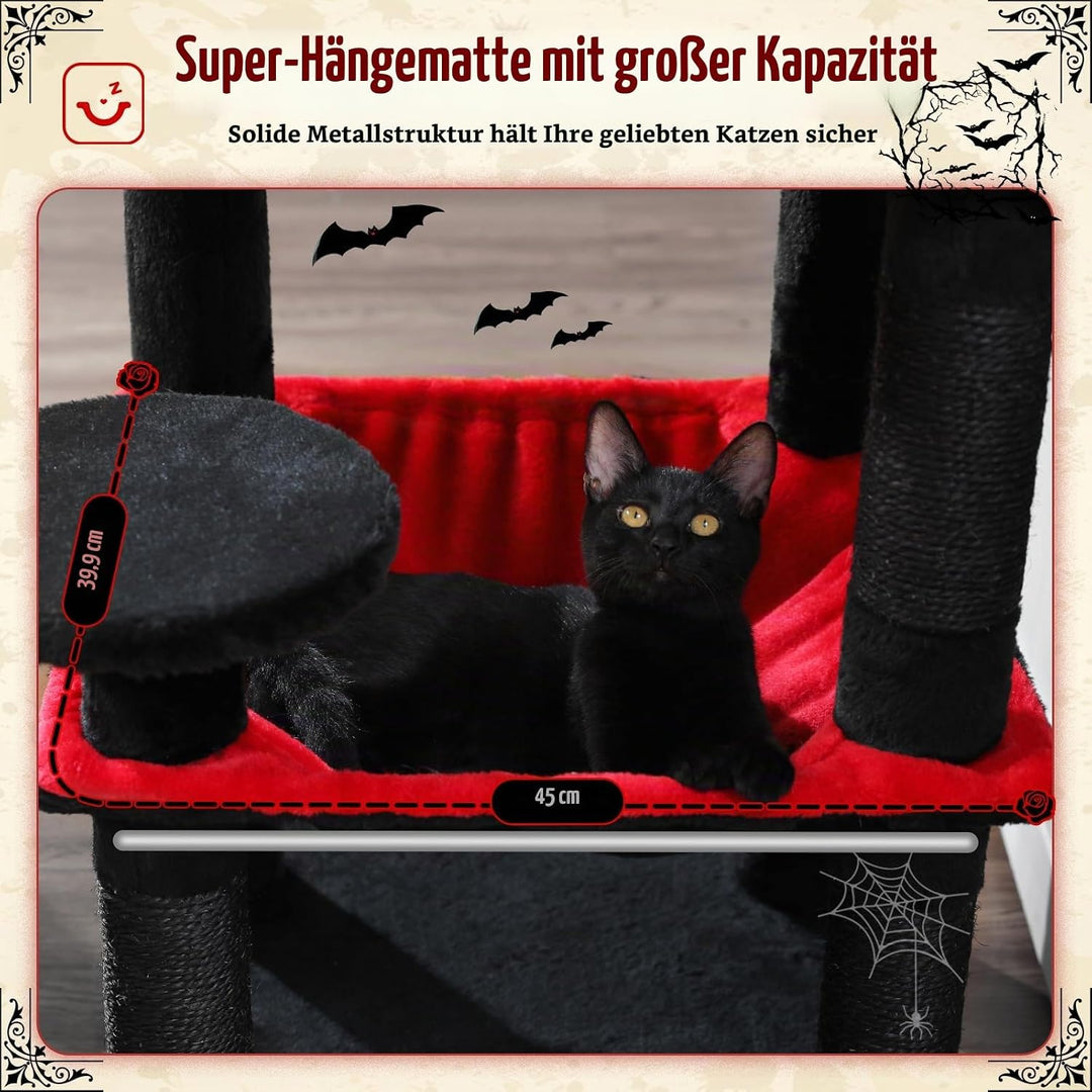 PAWZ Road Katzenbaum 116cm Gothic Halloween Edition, Schwarzer Kratzbaum mit Metall-Plüsch-Hängematt