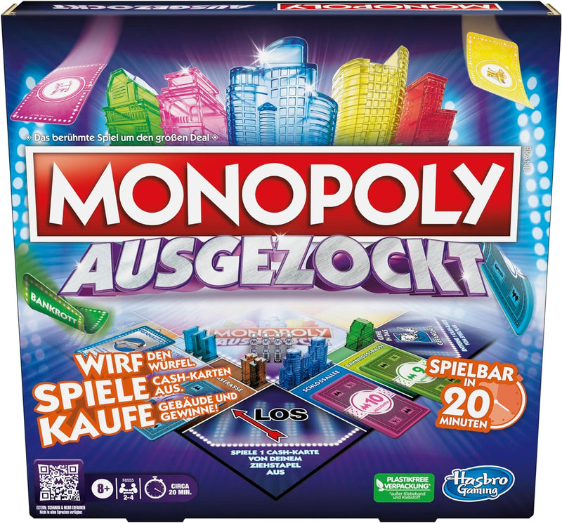 Monopoly Ausgezockt Brettspiel, schnelles Monopoly Familien-Spiel für 2–4 Spieler, Spieldauer ca. 20