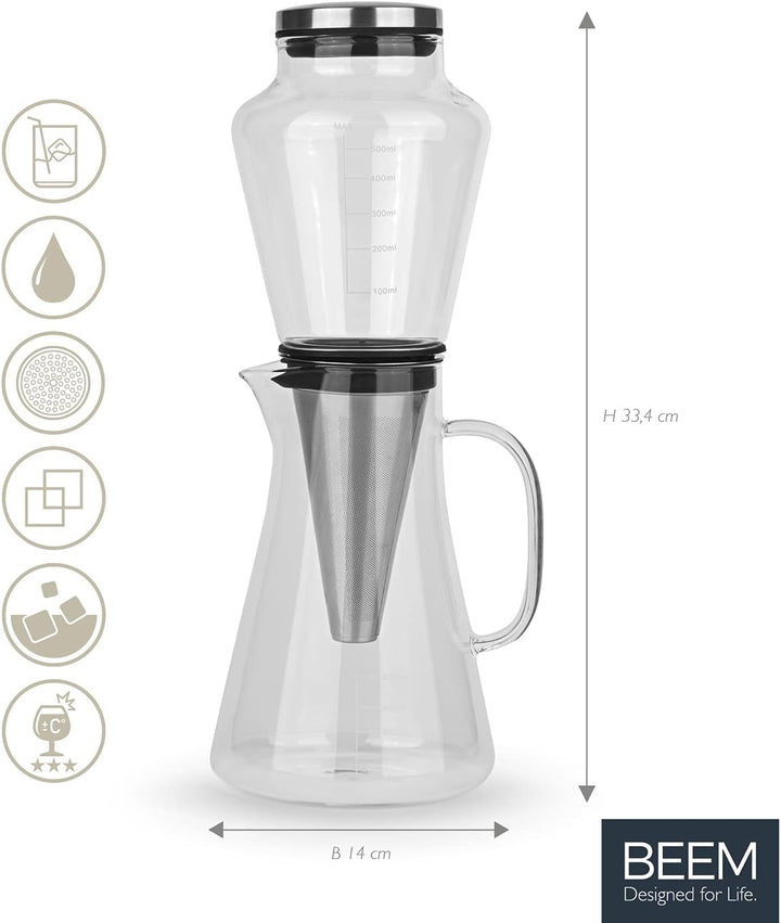 Beem Cold Drip Kaffeebereiter für 0,5l Borosilikatglas/Edelstahl Silber-Transparent, Masse: 14cm x 1