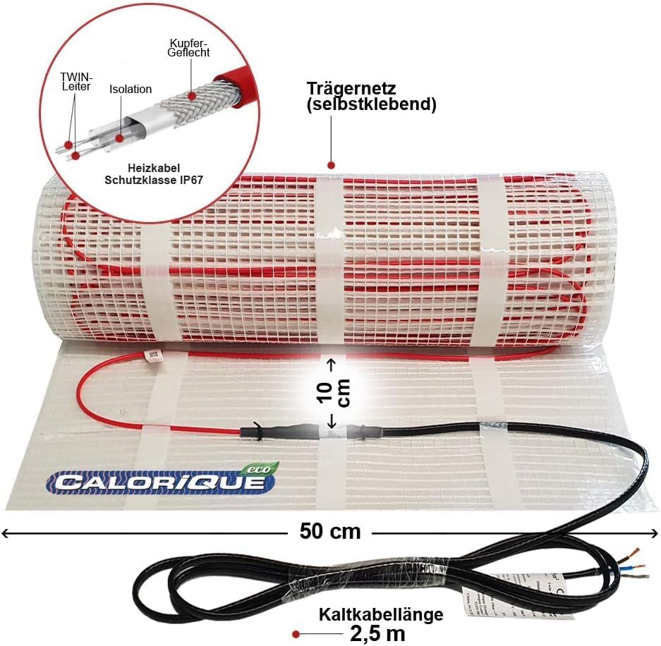 CALORIQUE Elektrische Heizkabelmatte – 1,0m² – Sparsame Elektrische Fussbodenheizung 150 W/m² – TWIN