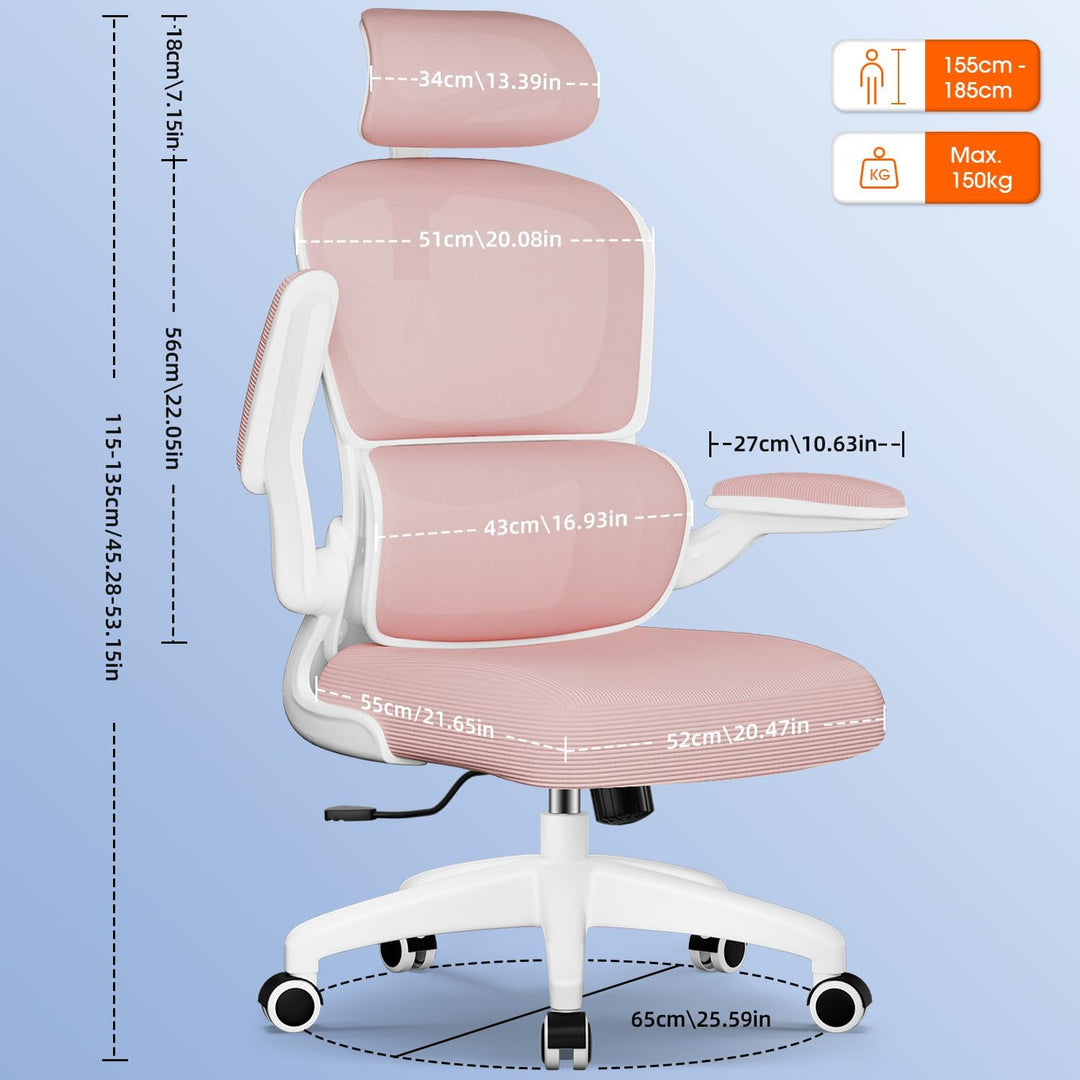 Bürostuhl, Ergonomischer Bürostuhl mit Verstellbarer Kopfstütze, Klappbaren Armlehnen und Lendenwirb