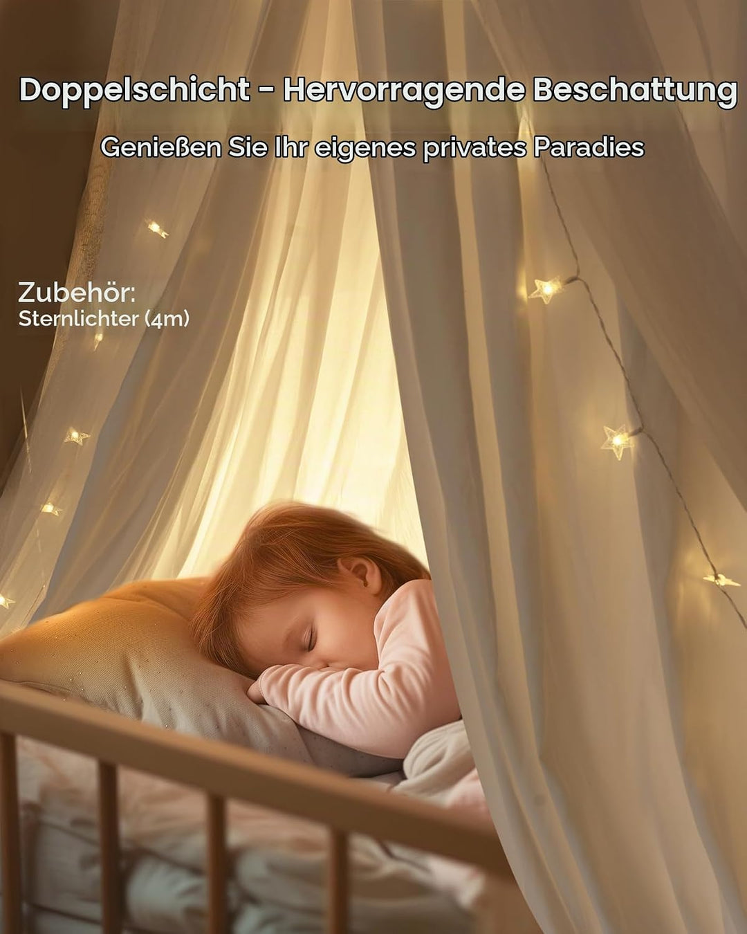 Mallify Moskitonetz Betthimmel mit Sternenlichtern, atmungsaktiv &amp; waschbar Doppelte Lage Babybett B