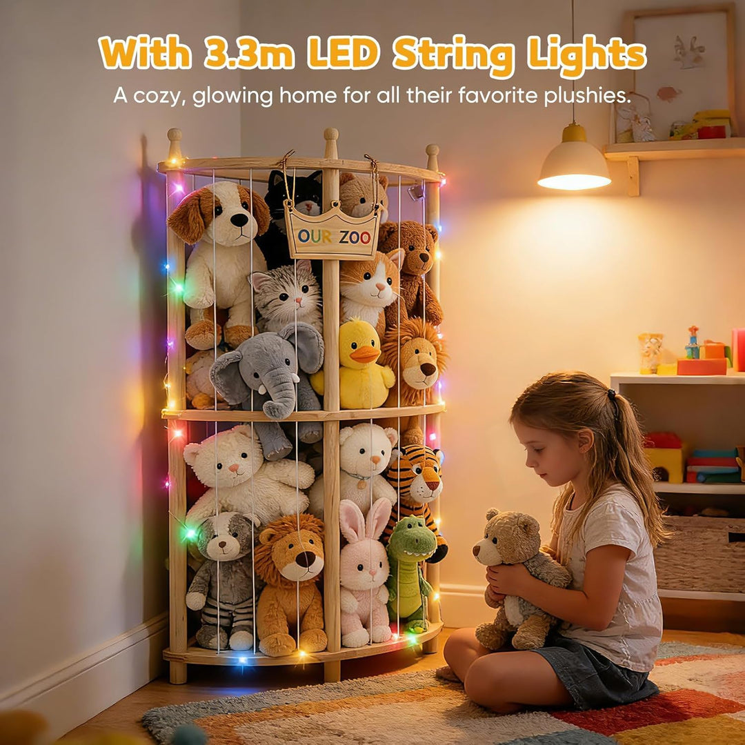 Eck Kuscheltier Aufbewahrung 2-stöckig aus Massivholz mit LED-Licht, 96×44×44cm Plüschtier Organizer