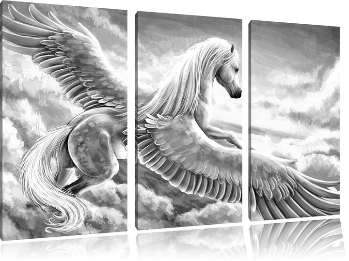 Pixxprint Pegasus fliegt über den Wolken Kunst B&W 3-Teiler Leinwandbild 120x80 Bild auf Leinwand