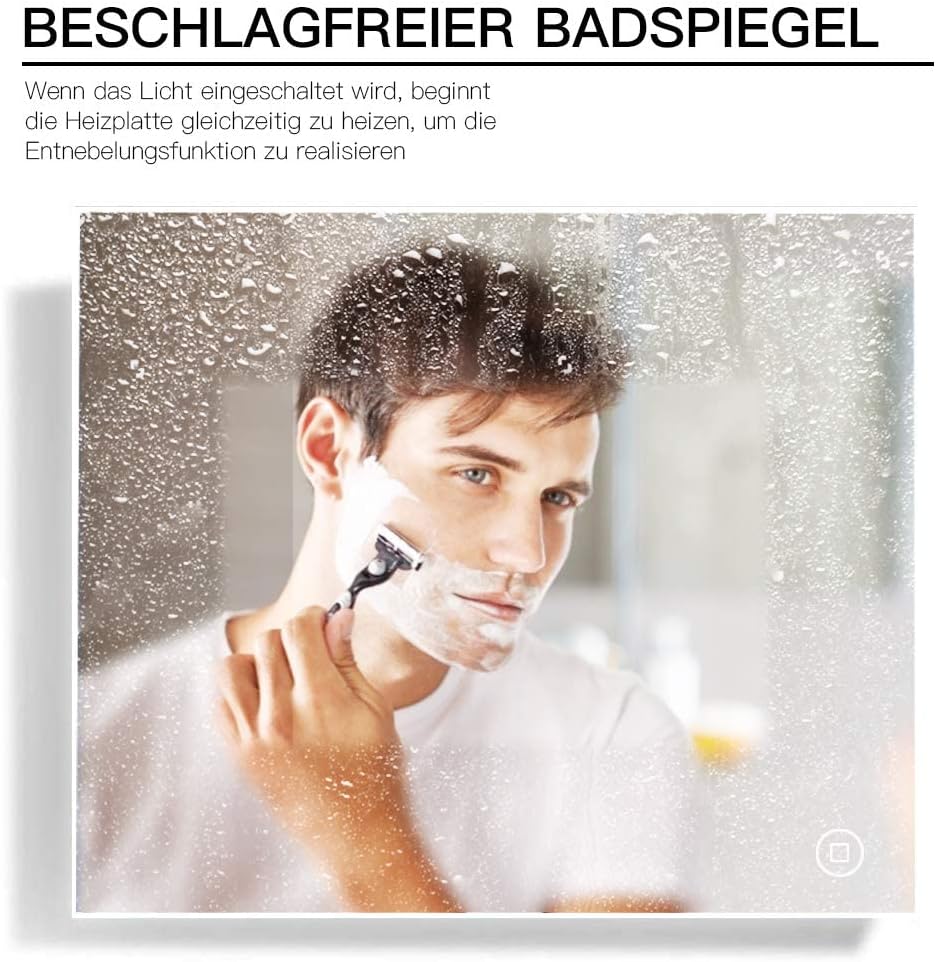 YOLEO Badspiegel mit Beleuchtung 80x60cm, Wandspiegel mit Steckdose, Badezimmerspiegel LED mit Touch