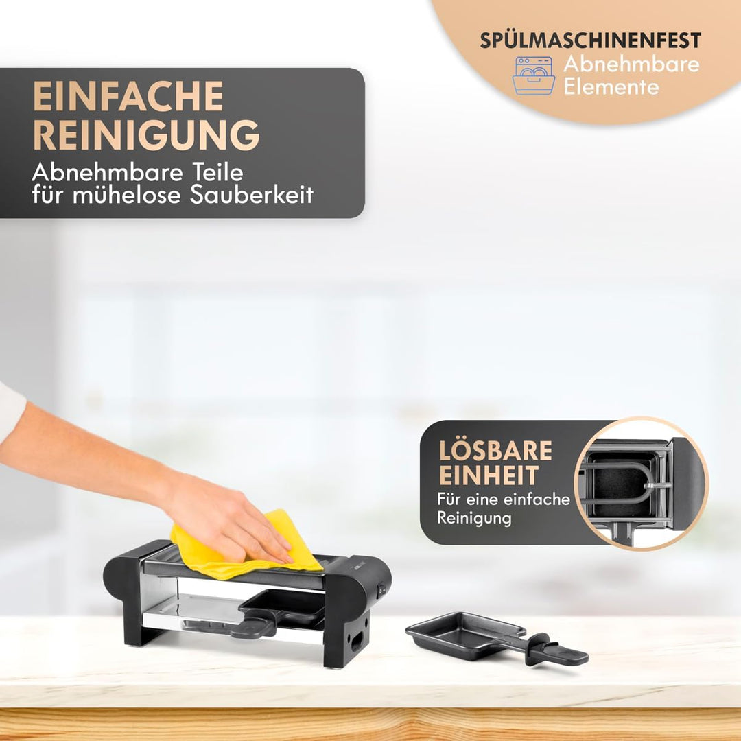 Clatronic® Raclette 2 Personen | Mini Raclette mit ca. 20,5 x 10,5 cm Grillfläche | für Grillen & Üb