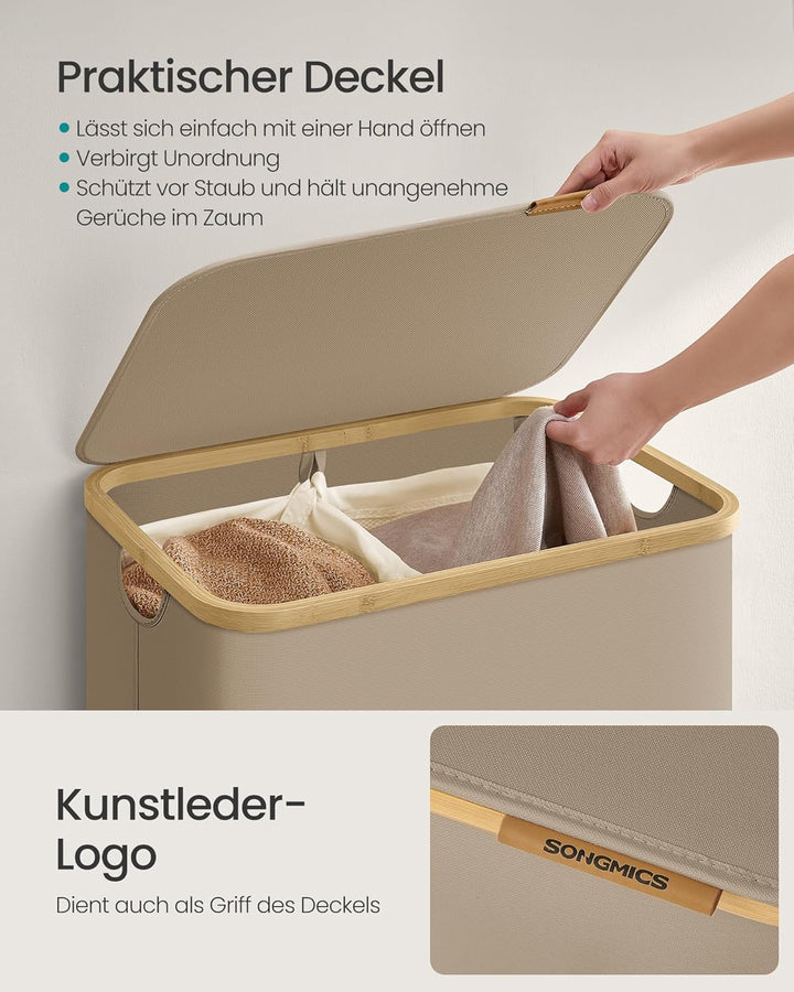 SONGMICS Wäschekorb mit Deckel, Wäschesammler mit 2 Fächern, 130 L, herausnehmbarer Wäschesack, Oxfo