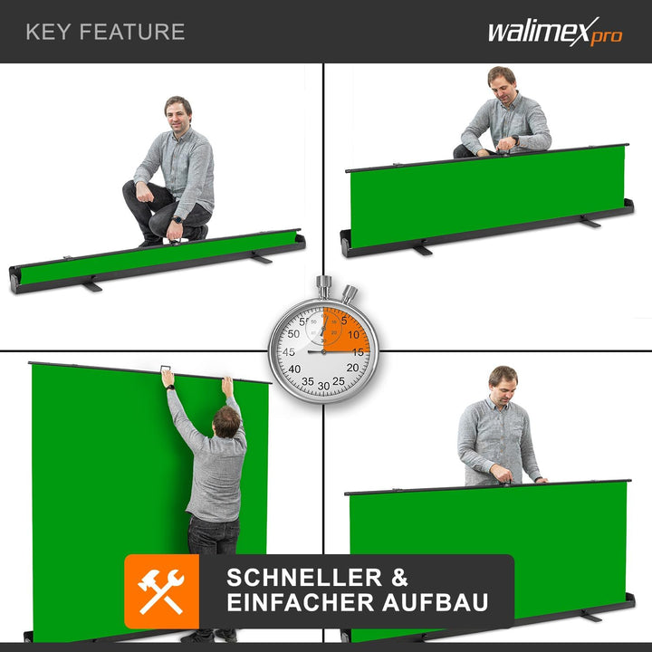 Walimex Pro Roll-Up Panel 210x220 cm Greenscreen mit Ständer I portabler, freistehender Fotohintergr