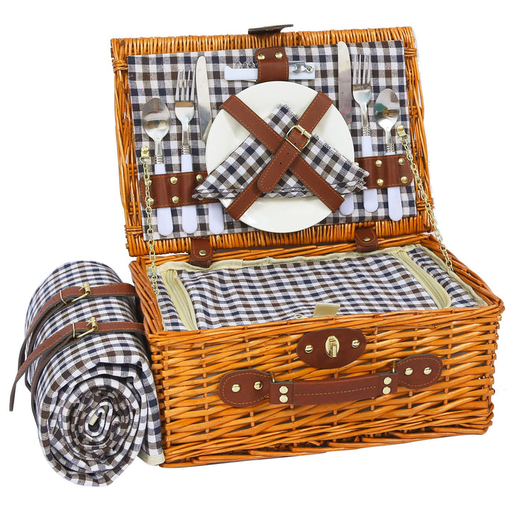 Picknickkorb Set für 2 Person mit Kühlfach und wasserdichte Picknickdecke, Abnehmbarer Riemen, Weinb