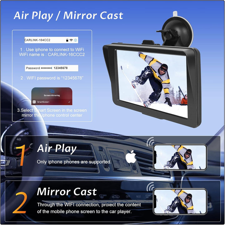Hodozzy Wireless Carplay Android Auto Tragbarer Bildschirm, 7 Zoll Touchscreen mit AirPlay/Mirror Li