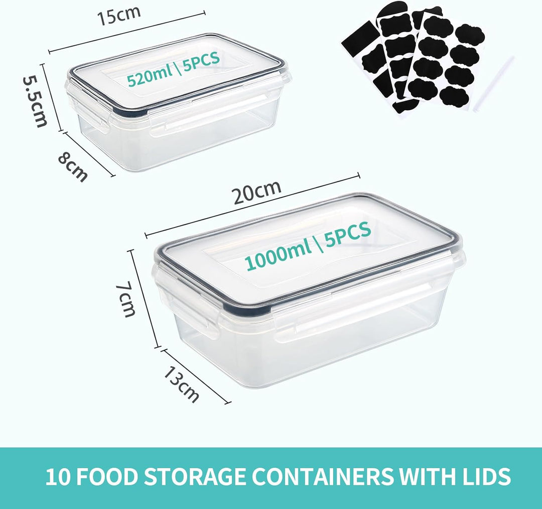 10 Frischhaltedosen mit Deckel (5x1L + 5x520ml), Gefrierdosen & Meal Prep Boxen, BPA-frei, luftdicht