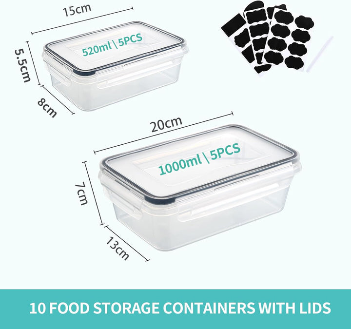 10 Frischhaltedosen mit Deckel (5x1L + 5x520ml), Gefrierdosen & Meal Prep Boxen, BPA-frei, luftdicht