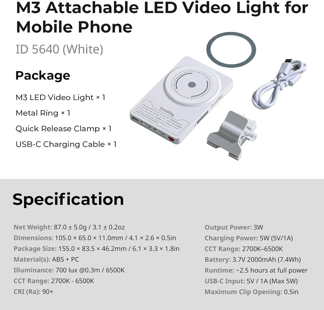 SMALLRIG M3 Magnetisches Selfie-Telefon-LED-Videolicht mit Clip, 120 LEDs 2000mAh Wiederaufladbar, 2