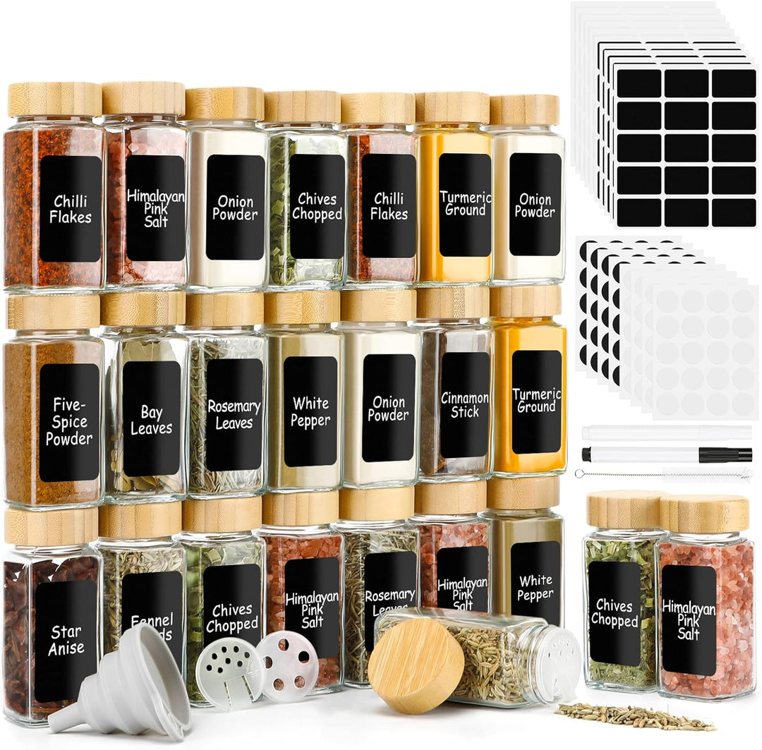 Lannvan Gewürzgläser Eckig, [24x 120ml] Gewürzgläser mit Streueinsatz, Gewürzgläser mit Bambusdeckel