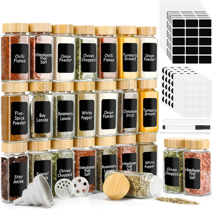 Lannvan Gewürzgläser Eckig, [24x 120ml] Gewürzgläser mit Streueinsatz, Gewürzgläser mit Bambusdeckel