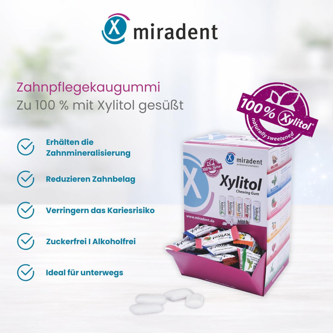 miradent Xylitol Kaugummi Schüttbox | 200x Veganes Xylit Kaugummi | Zahnpflegekaugummi für Kinder &
