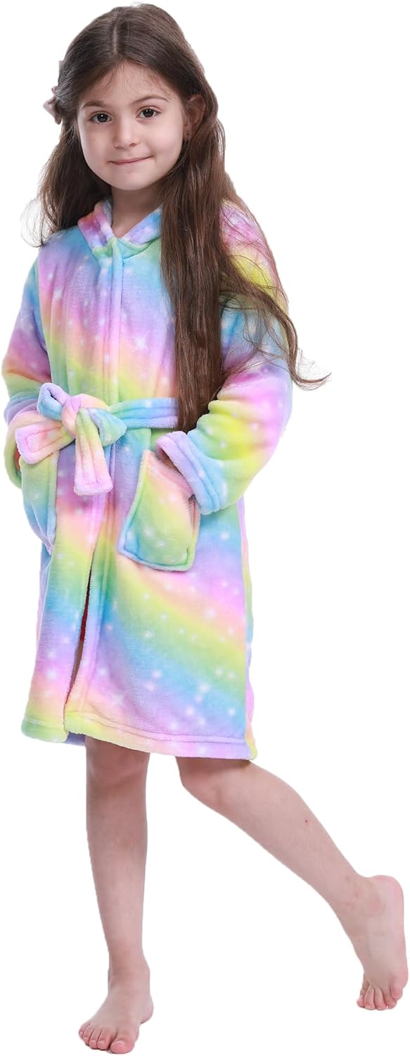 Bademantel für Mädchen, Weicher Flanell Schlafanzug mit Kapuze, Warme Kinder Hausbekleidung für 3-11