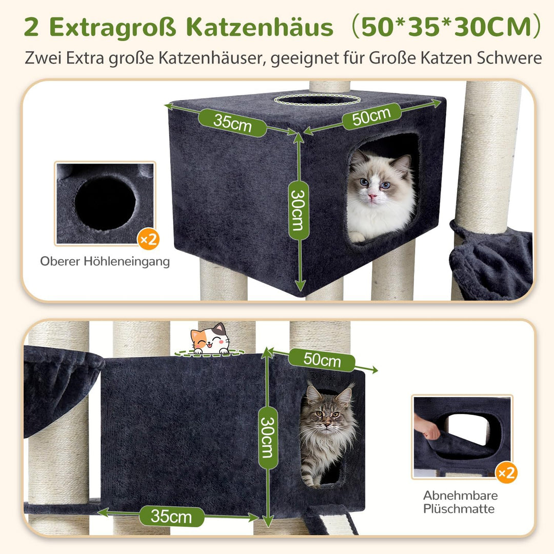 Globlazer Kratzbaum Dicke Stämme 11CM für Grosse Katzen mit 2 Extragross Katzenhaus 50*35*30cm, Ausr