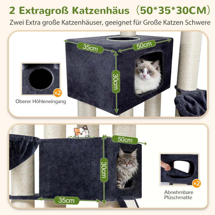 Globlazer Kratzbaum Dicke Stämme 11CM für Grosse Katzen mit 2 Extragross Katzenhaus 50*35*30cm, Ausr
