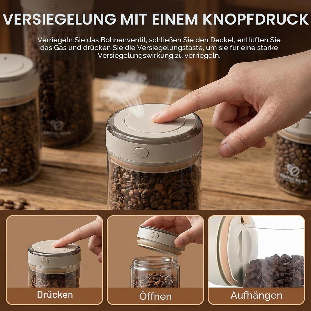 Kaffeedose Luftdicht Glas, 1700ML Vakuum Kaffeedose, Transparent Kaffeebohnen Aufbewahrung, Kaffeebe