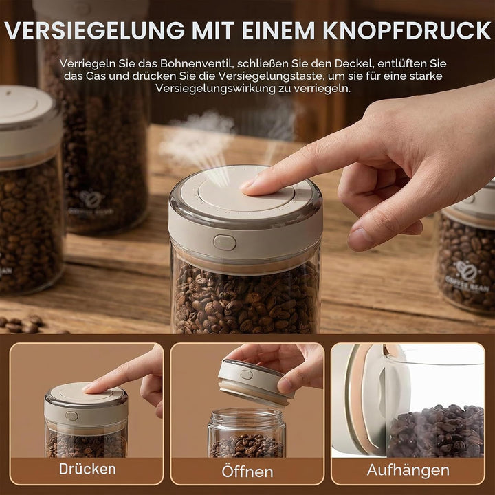 Kaffeedose Luftdicht Glas, 1700ML Vakuum Kaffeedose, Transparent Kaffeebohnen Aufbewahrung, Kaffeebe