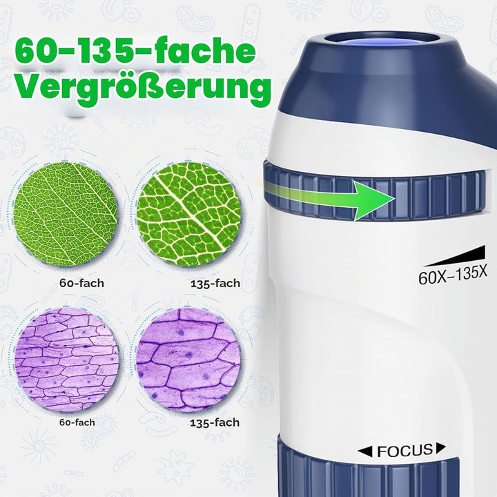 HUTACT Mini Mikroskop für Kinder mit Objektträger Set: 60x-135x LED Taschenmikroskop Tragbares Handm