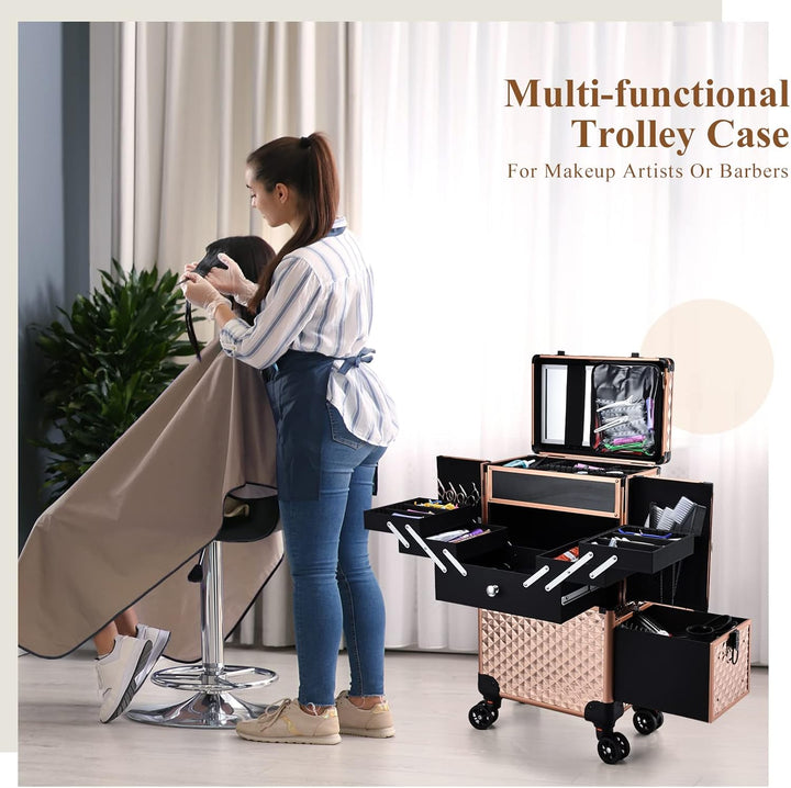 Kosmetik Trolley Friseurkoffer mit Schublade und Spiegel Kosmetikkoffer mit 4 Tabletts Make up Koffe