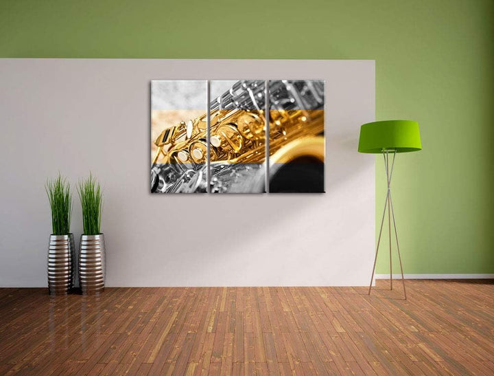 Pixxprint schimmerndes Saxophon als Leinwandbild | Grösse: 3 Teilig (120x80) | Wandbild| Kunstdruck