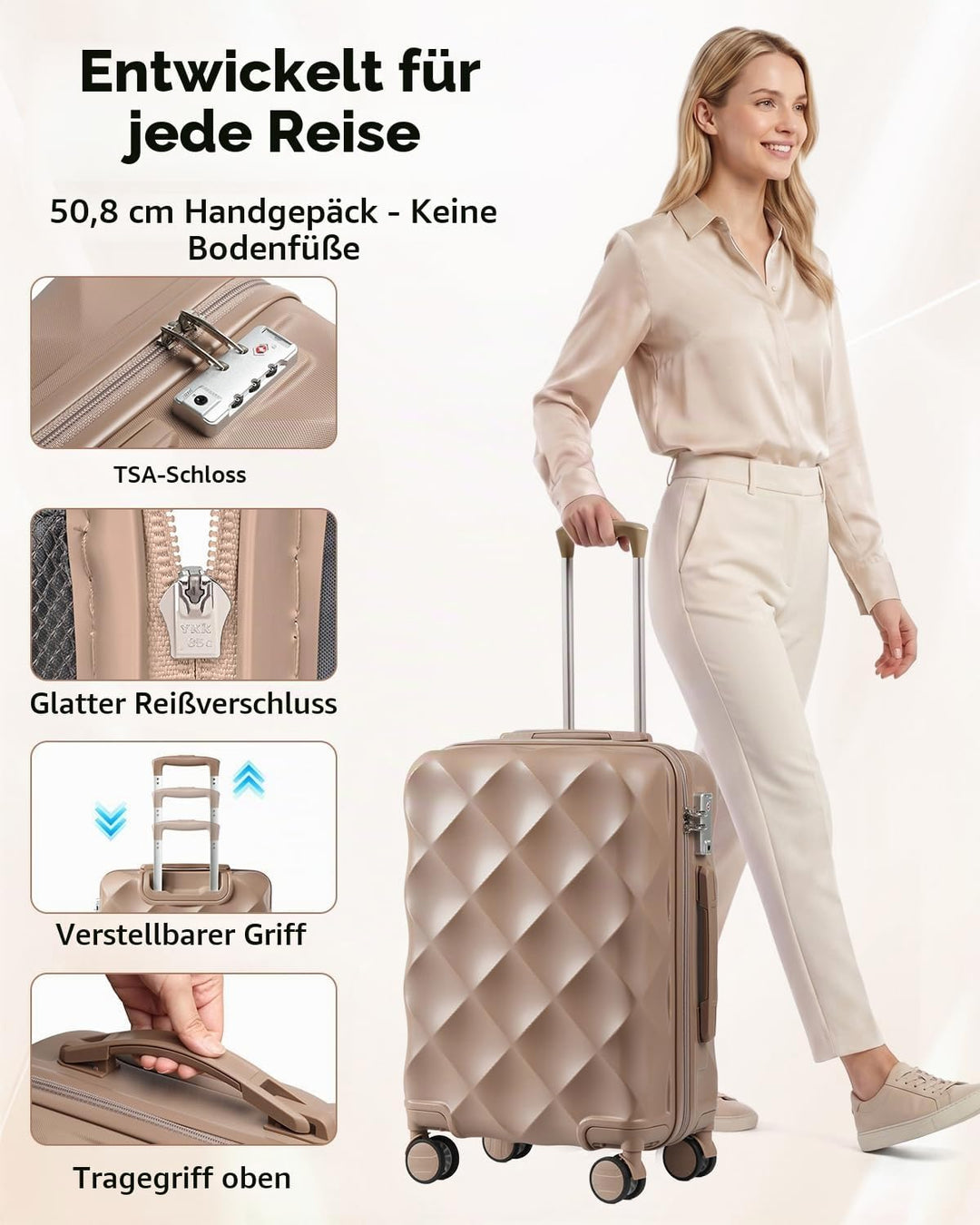 Handgepäck Koffer Trolley ABS Leicht Reisekoffer Hardschale 4 Rollen und TSA Schloss Mit 1 Reisetasc
