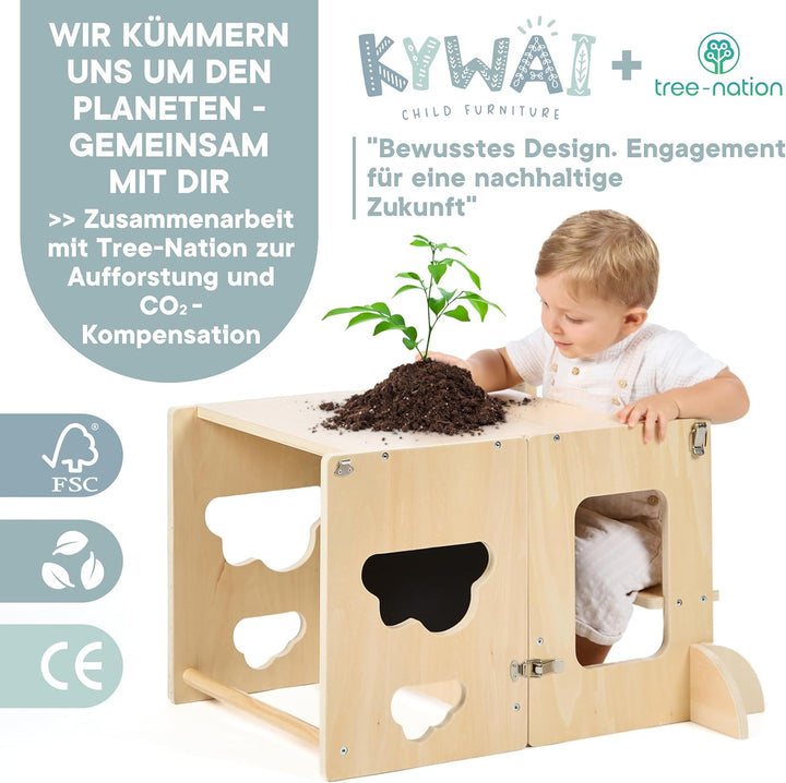 Lernturm ab 1 Jahr klappbar – Lernturm klappbar 3 in 1 Premium: wandelbar zum Schreibtisch mit Tafel